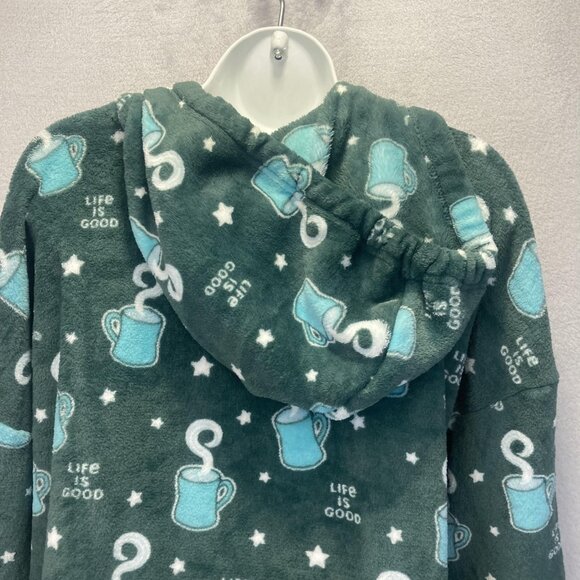 Life Is Good Fleece Hooded Nightgown Womens Medium M Green Mug Coffee Pockets - Picture 13 of 14